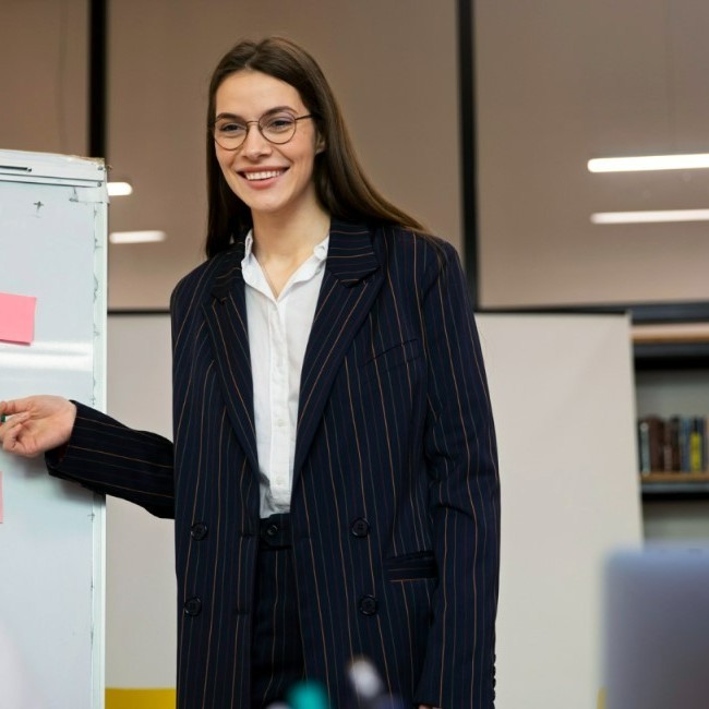 Mulher sorridente em uma apresentação no escritório, usando blazer listrado, apontando para um quadro branco com post-its coloridos, enquanto colegas assistem atentamente.